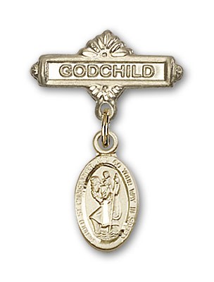 Pin Badge with St. Christopher Charm and Godchild Badge Pin - 14KT Gold Filled