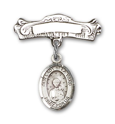 Pin Badge with Our Lady of la Vang Charm and Arched Polished Engravable Badge Pin - Silver tone