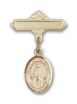 Pin Badge with Our Lady of Peace Charm and Polished Engravable Badge Pin - Gold Tone