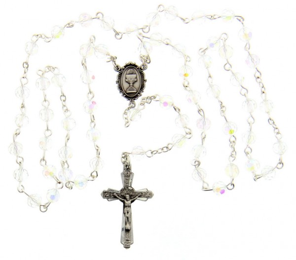 First Communion Crystal Rosary with Chalice Centerpiece - Crystal