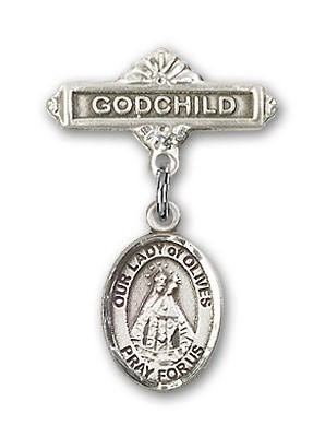 Baby Badge with Our Lady of Olives Charm and Godchild Badge Pin - Silver tone