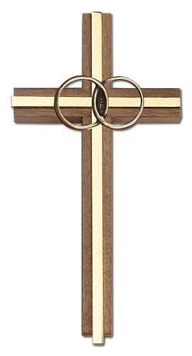 Marriage Cross with Eternity Rings in Walnut 6&quot; - Gold Tone