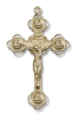 Large Men's Rosebud Tip Crucifix Pendant - 14K Solid Gold