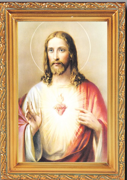 Sacred Heart of Jesus Antique Gold Framed Print - Full Color