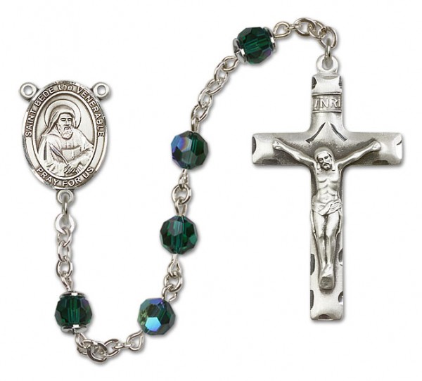 St. Bede the Venerable Sterling Silver Heirloom Rosary Squared Crucifix - Emerald Green
