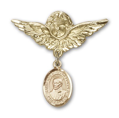Pin Badge with St. Ignatius Charm and Angel with Larger Wings Badge Pin - 14K Solid Gold