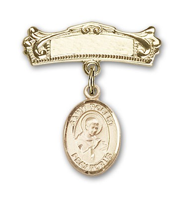 Pin Badge with St. Robert Bellarmine Charm and Arched Polished Engravable Badge Pin - 14K Solid Gold