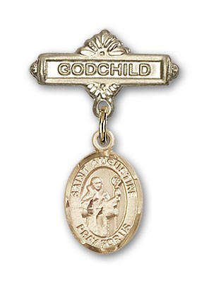Pin Badge with St. Augustine Charm and Godchild Badge Pin - 14K Solid Gold