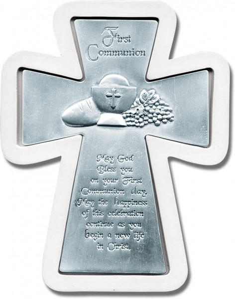 First Communion Pewter Cross in Wood Frame - 6 inch - White | Silver