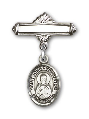 Pin Badge with St. John Chrysostom Charm and Polished Engravable Badge Pin - Silver tone