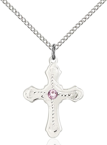 Youth Cross Pendant with Dotted Etching with Birthstone Options - Light Amethyst