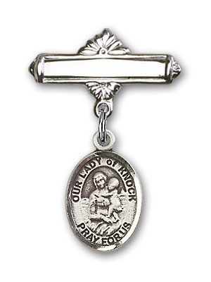 Pin Badge with Our Lady of Knock Charm and Polished Engravable Badge Pin - Silver tone