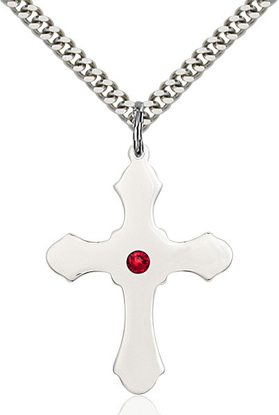 Large High Polished Soft Edge Cross Pendant with Birthstone Options - Ruby Red