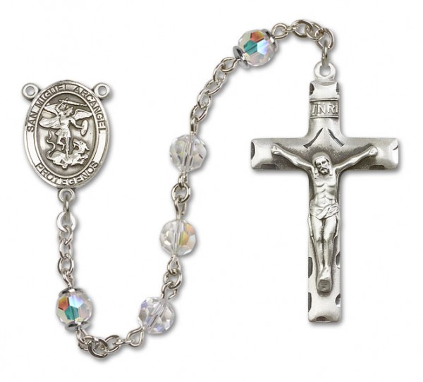 San Miguel the Archangel Sterling Silver Heirloom Rosary Squared Crucifix - Crystal
