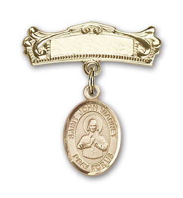 Pin Badge with St. John Vianney Charm and Arched Polished Engravable Badge Pin - 14K Solid Gold