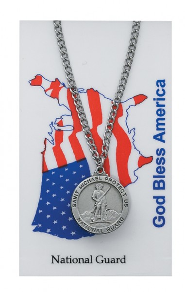 Round St. Michael National Guard Medal with Prayer Card - Silver tone