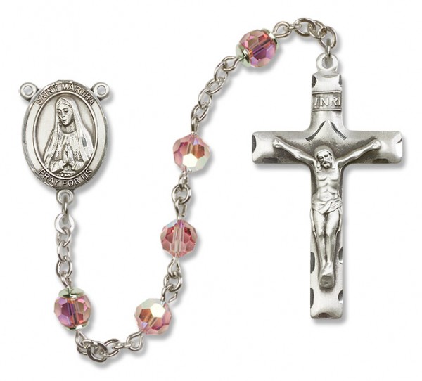 St. Martha Sterling Silver Heirloom Rosary Squared Crucifix - Light Rose