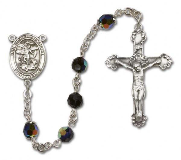 St. Michael the Archangel Sterling Silver Heirloom Rosary Fancy Crucifix - Black