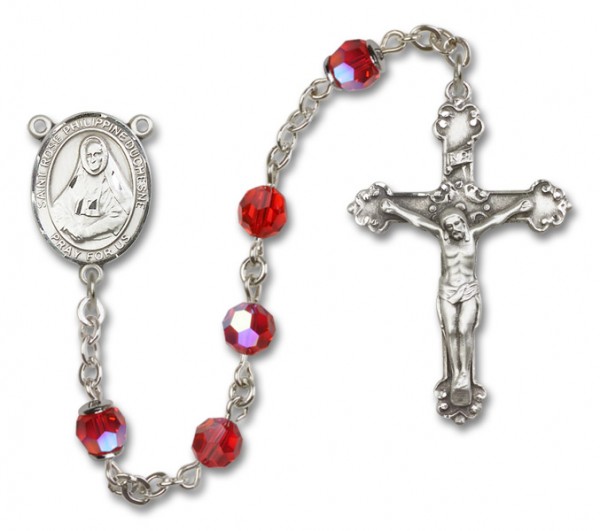 St. Rose Philippine Sterling Silver Heirloom Rosary Fancy Crucifix - Ruby Red