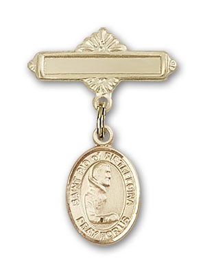Pin Badge with St. Pio of Pietrelcina Charm and Polished Engravable Badge Pin - Gold Tone