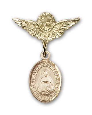 Pin Badge with Marie Magdalen Postel Charm and Angel with Smaller Wings Badge Pin - Gold Tone