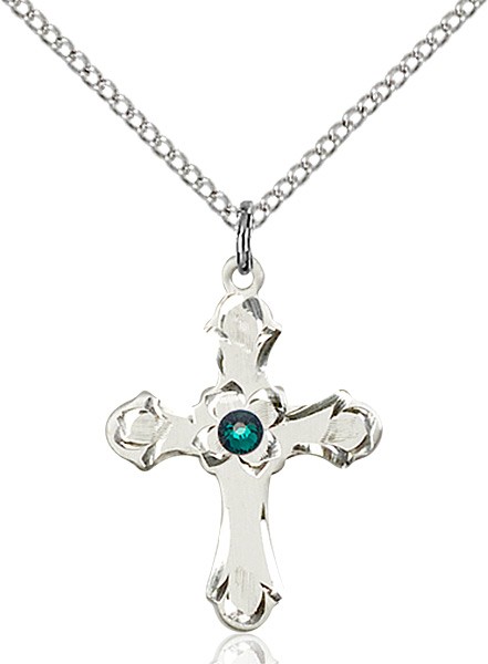 Medium Budded Cross Pendant with Etched Border Birthstone Options - Emerald Green