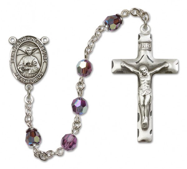 St. Catherine Laboure Sterling Silver Heirloom Rosary Squared Crucifix - Amethyst