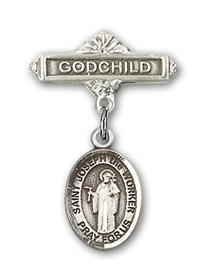 Pin Badge with St. Joseph the Worker Charm and Godchild Badge Pin - Silver tone