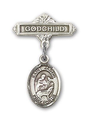 Pin Badge with St. Jason Charm and Godchild Badge Pin - Silver tone
