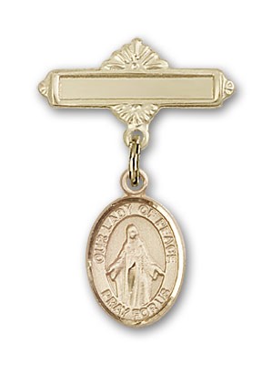 Pin Badge with Our Lady of Peace Charm and Polished Engravable Badge Pin - 14K Solid Gold