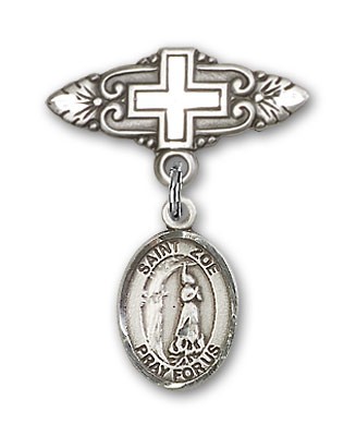 Pin Badge with St. Zoe of Rome Charm and Badge Pin with Cross - Silver tone