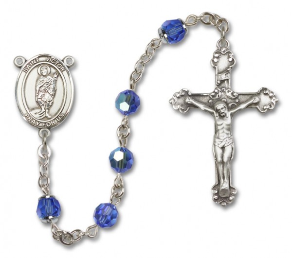 St. Victor of Marseilles Sterling Silver Heirloom Rosary Fancy Crucifix - Sapphire
