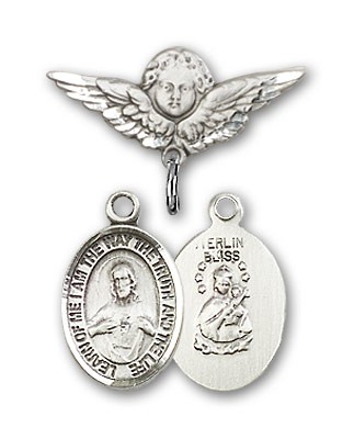 Pin Badge with Scapular Charm and Angel with Smaller Wings Badge Pin - Silver tone