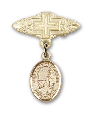 Pin Badge with Our Lady of Lourdes Charm and Badge Pin with Cross - Gold Tone