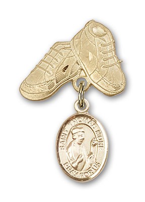Pin Badge with St. Thomas More Charm and Baby Boots Pin - 14K Solid Gold