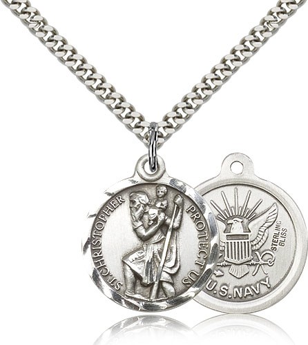 Round US Navy Saint Christopher Medal - Nickel Size - Sterling Silver