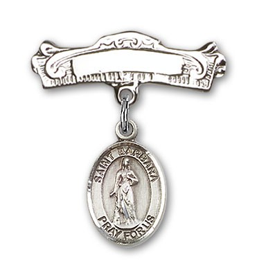Pin Badge with St. Barbara Charm and Arched Polished Engravable Badge Pin - Silver tone