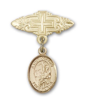 Pin Badge with St. Jerome Charm and Badge Pin with Cross - 14K Solid Gold
