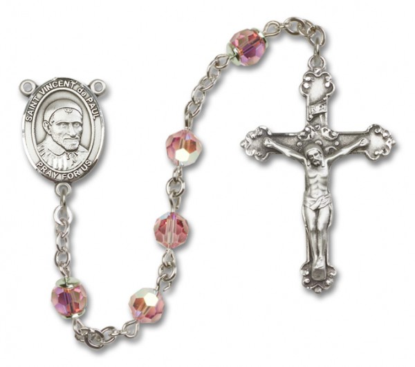 St. Vincent de Paul Sterling Silver Heirloom Rosary Fancy Crucifix - Light Rose