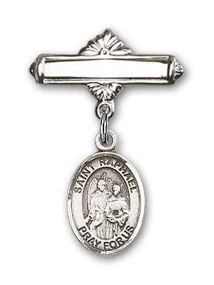 Pin Badge with St. Raphael the Archangel Charm and Polished Engravable Badge Pin - Silver tone