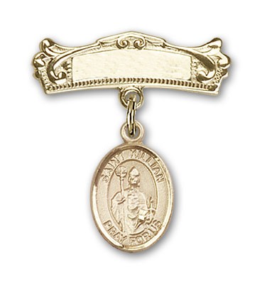 Pin Badge with St. Kilian Charm and Arched Polished Engravable Badge Pin - 14K Solid Gold