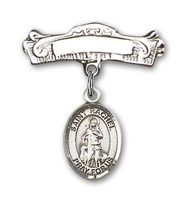 Pin Badge with St. Rachel Charm and Arched Polished Engravable Badge Pin - Silver tone