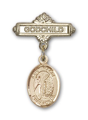 Pin Badge with St. Fiacre Charm and Godchild Badge Pin - Gold Tone