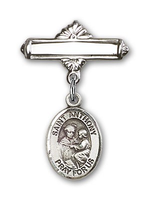 Pin Badge with St. Anthony of Padua Charm and Polished Engravable Badge Pin - Silver tone
