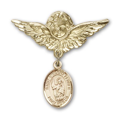 Pin Badge with St. Vincent Ferrer Charm and Angel with Larger Wings Badge Pin - Gold Tone
