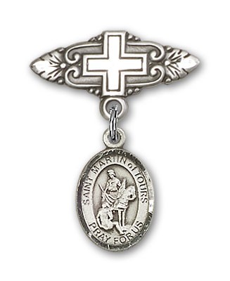 Pin Badge with St. Martin of Tours Charm and Badge Pin with Cross - Silver tone