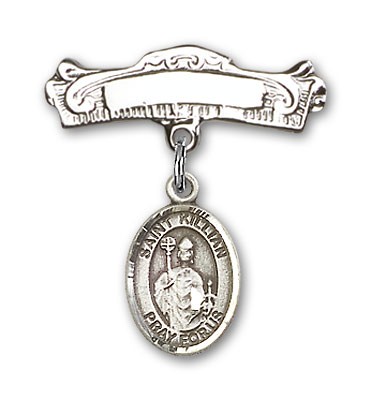 Pin Badge with St. Kilian Charm and Arched Polished Engravable Badge Pin - Silver tone