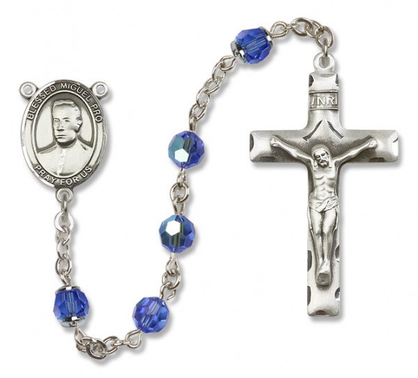 Blessed Miguel Pro Sterling Silver Heirloom Rosary Squared Crucifix - Sapphire