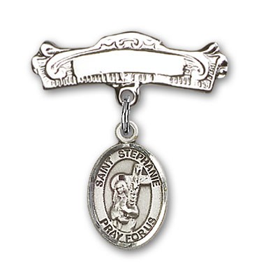 Pin Badge with St. Stephanie Charm and Arched Polished Engravable Badge Pin - Silver tone
