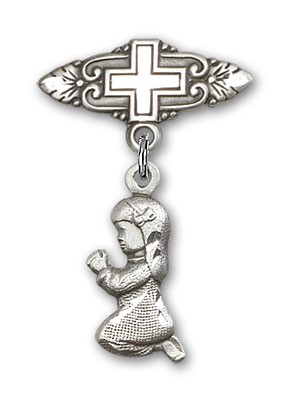 Baby Pin with Praying Girl Charm and Badge Pin with Cross - Silver tone